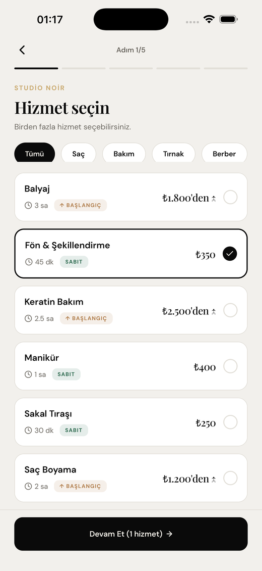 Randevu alırken hizmet ve fiyat türü seçimi